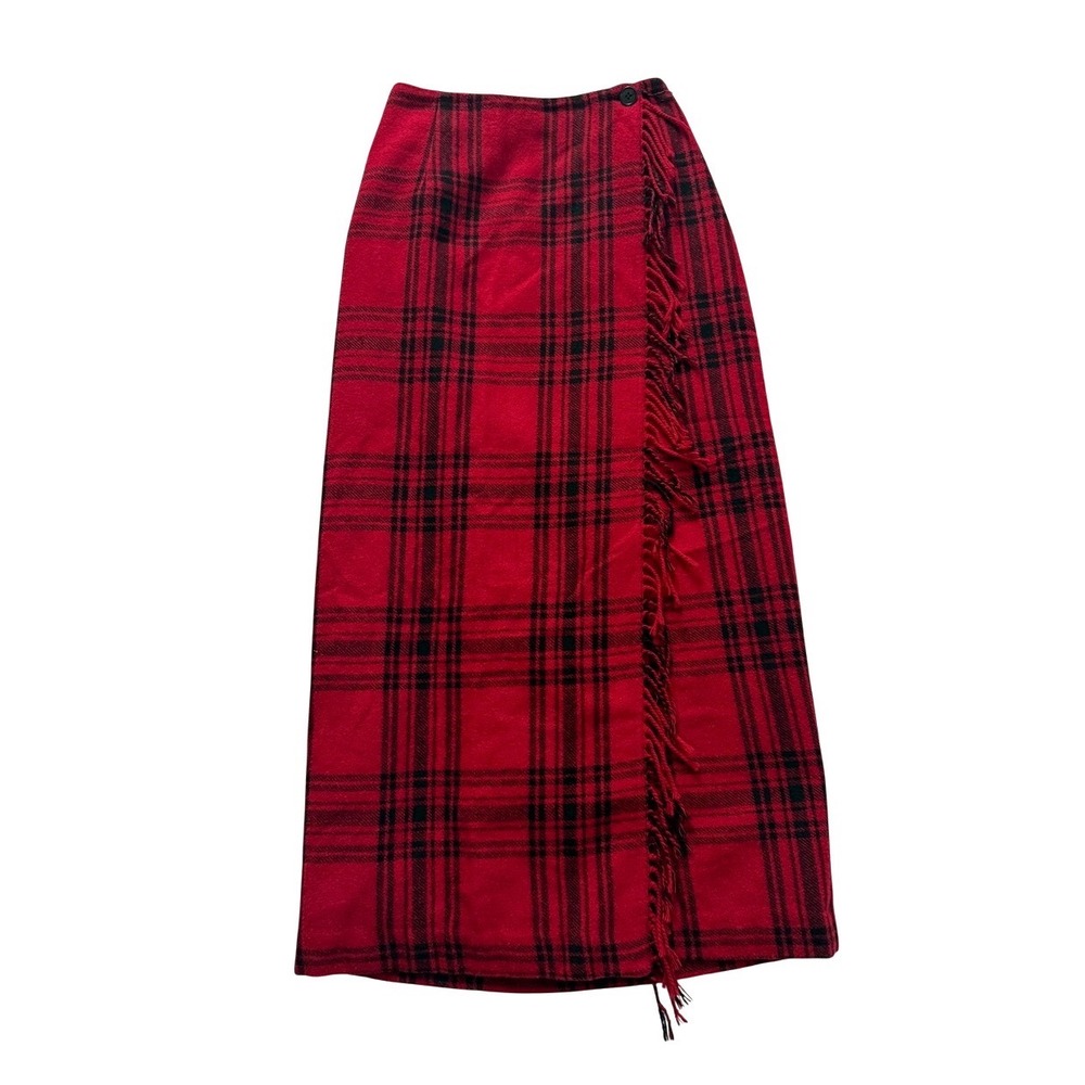 Cambridge Country Red Plaid Wool Blend Fringe Wrap Maxi Skirt 6 Dark Academia